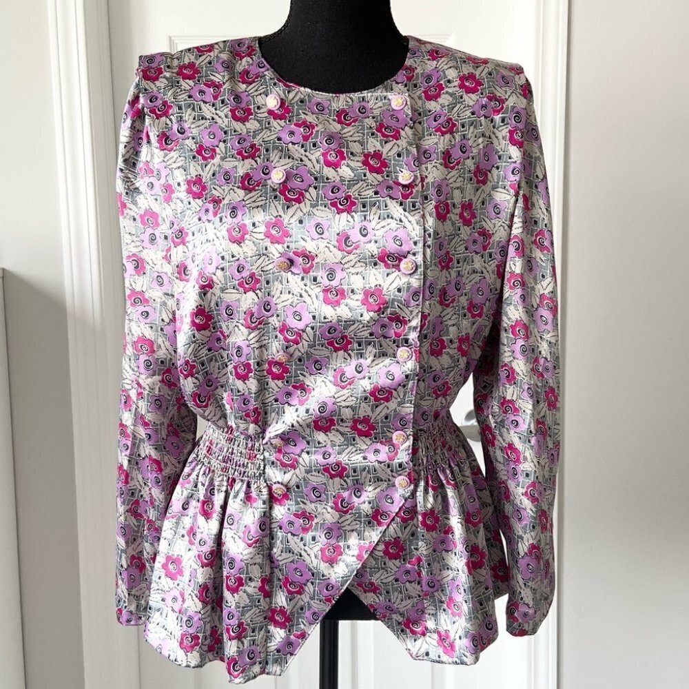 Vintage 80s Florentine Floral Print Peplum Hem Blouse